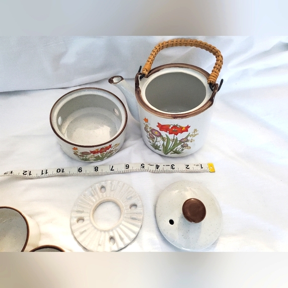 : Vintage Floral Teapot & warmer Set with 5 tea cups Stoneware Speckled - Picture 10 of 16